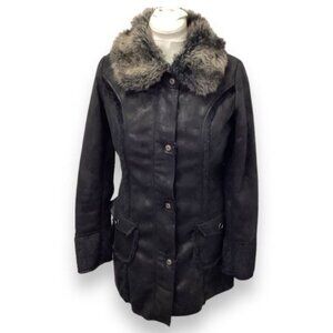 Faux Fur Collar Buttoned Monoreno Black Jacket Womens Size L PVC & Polyester